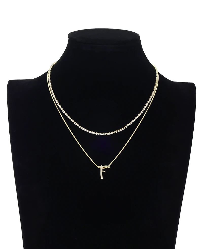 Unwritten Letter "F" Initial Snake Chain Cubic Zirconia Chain Necklace With Extender 2Pcs Set