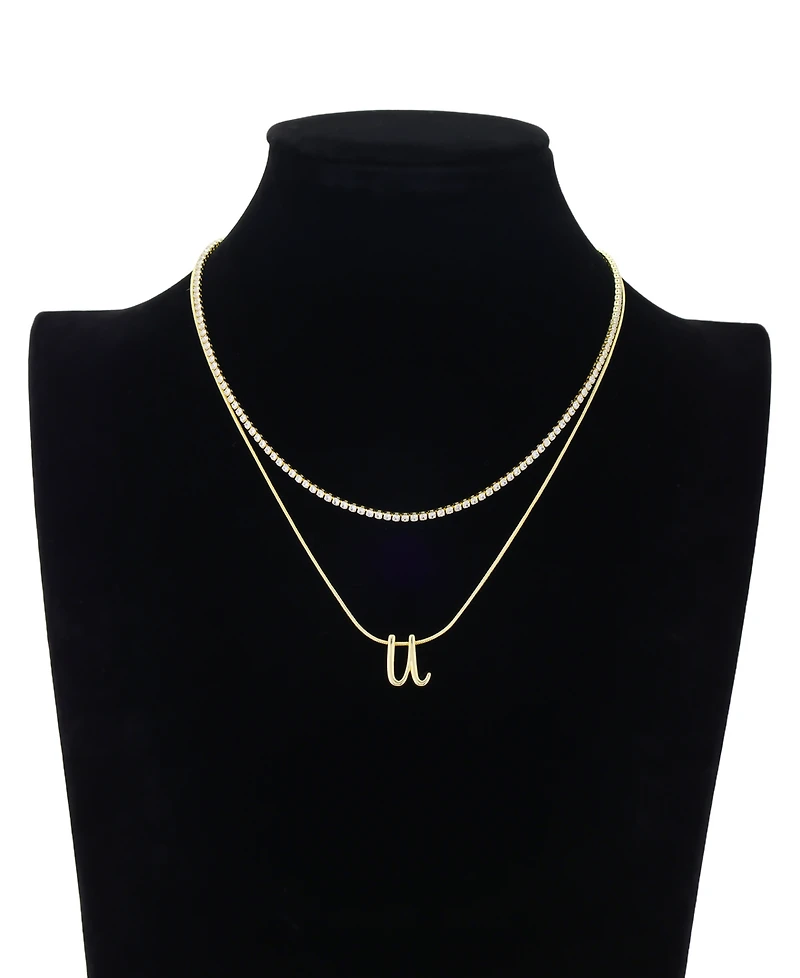 Unwritten Letter "U" Initial Snake Chain Cubic Zirconia Chain Necklace With Extender 2Pcs Set