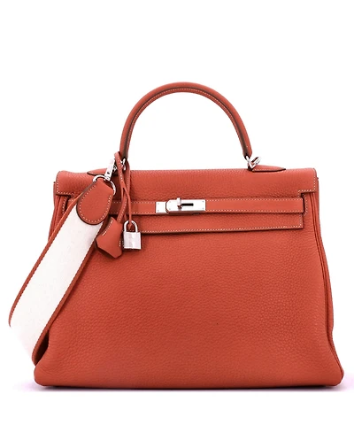 Pre-Owned Hermes Kelly 35 Handbag Orange Clemence with Palladium Hardware