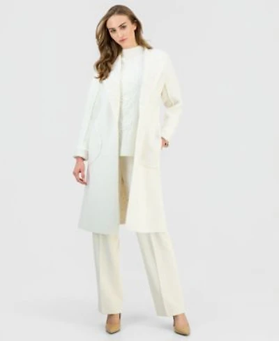 Anne Klein Womens Open Front Long Sleeve Cardigan Mock Neck Embroidered Sweater