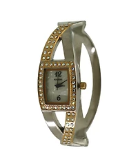 Two Tone Rhinestones And Pearl Tone Bangle Watch