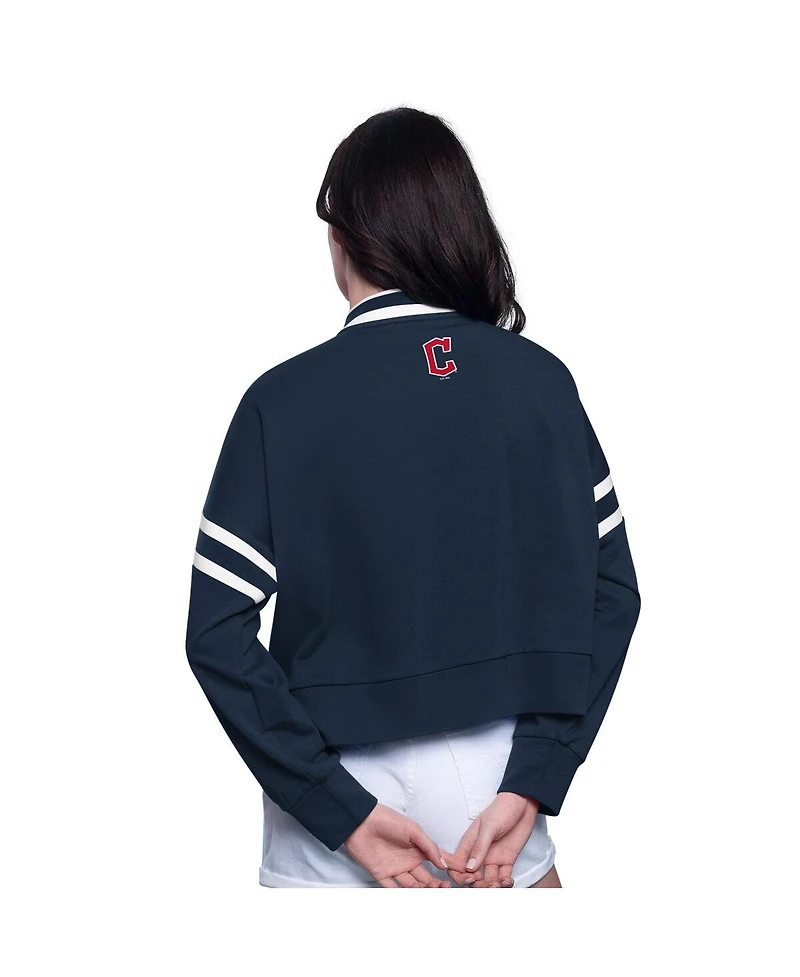 Starter Women's Navy Cleveland Guardians Power Play Cropped Pullover Sweatshirt
