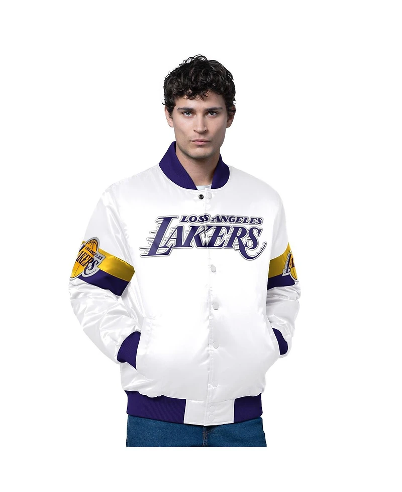 Starter Men's White Los Angeles Lakers Triple Option Varsity Full-Snap Satin Jacket