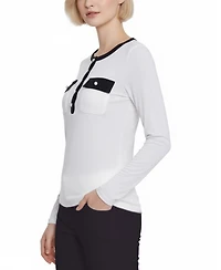 Ny Collection Petite Long Sleeve Contrast Detail Top