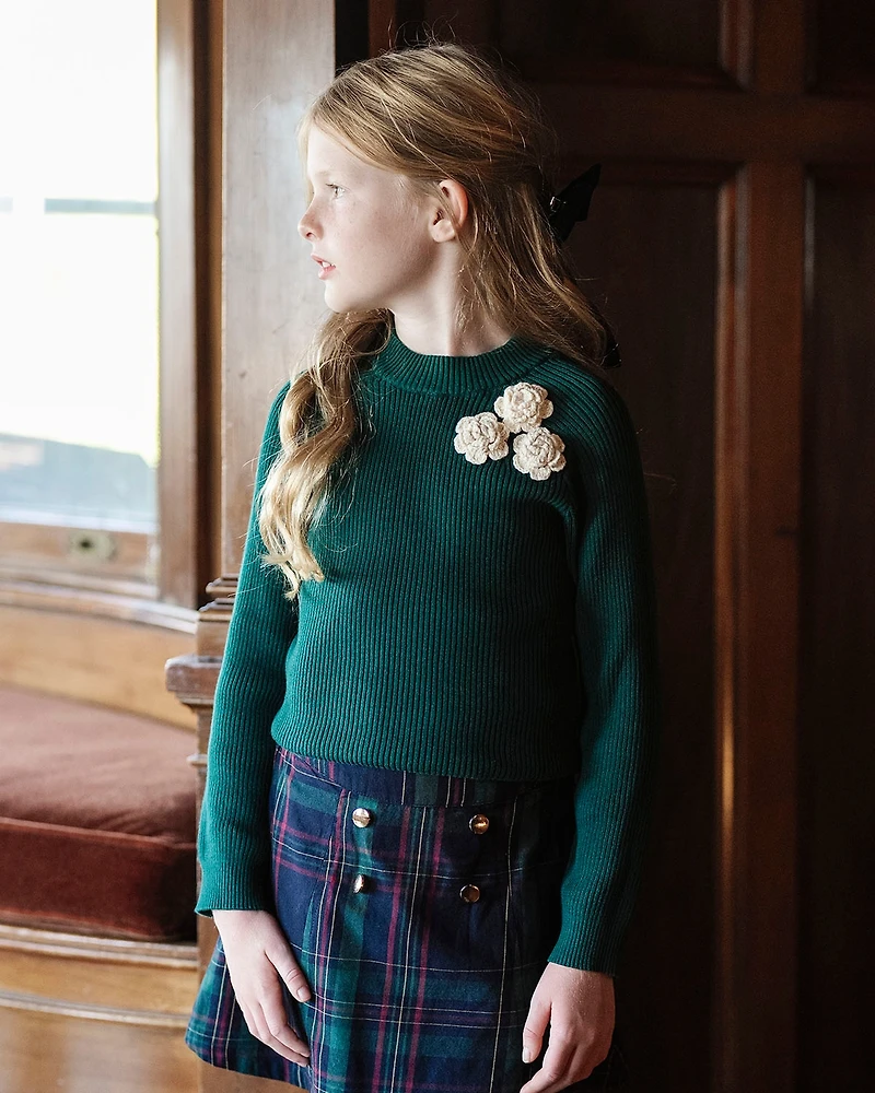 Hope & Henry Girls Organic Long Sleeve Mock Neck Sweater with Rosettes