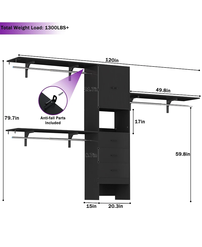 Aheaplus 10FT Closet System with 3 Drawers, 120'' Walk-in Organizer Shelving Towers and Hanging Rods