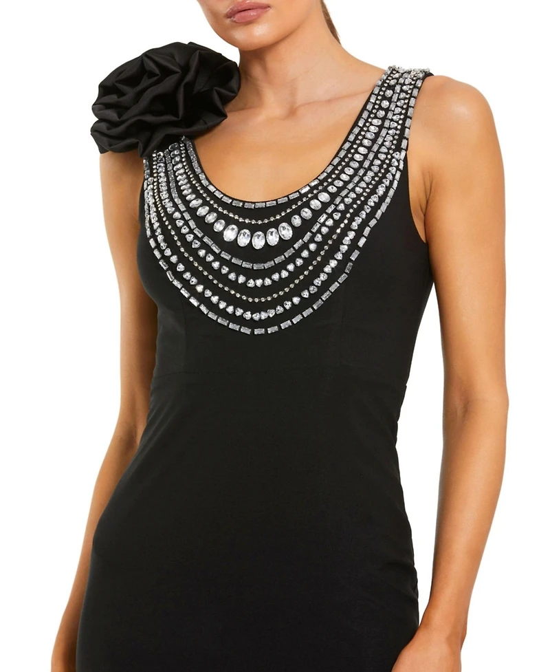 Mac Duggal Women's Elegant Beaded Scoop Neck Jersey with 3D Flower Gown