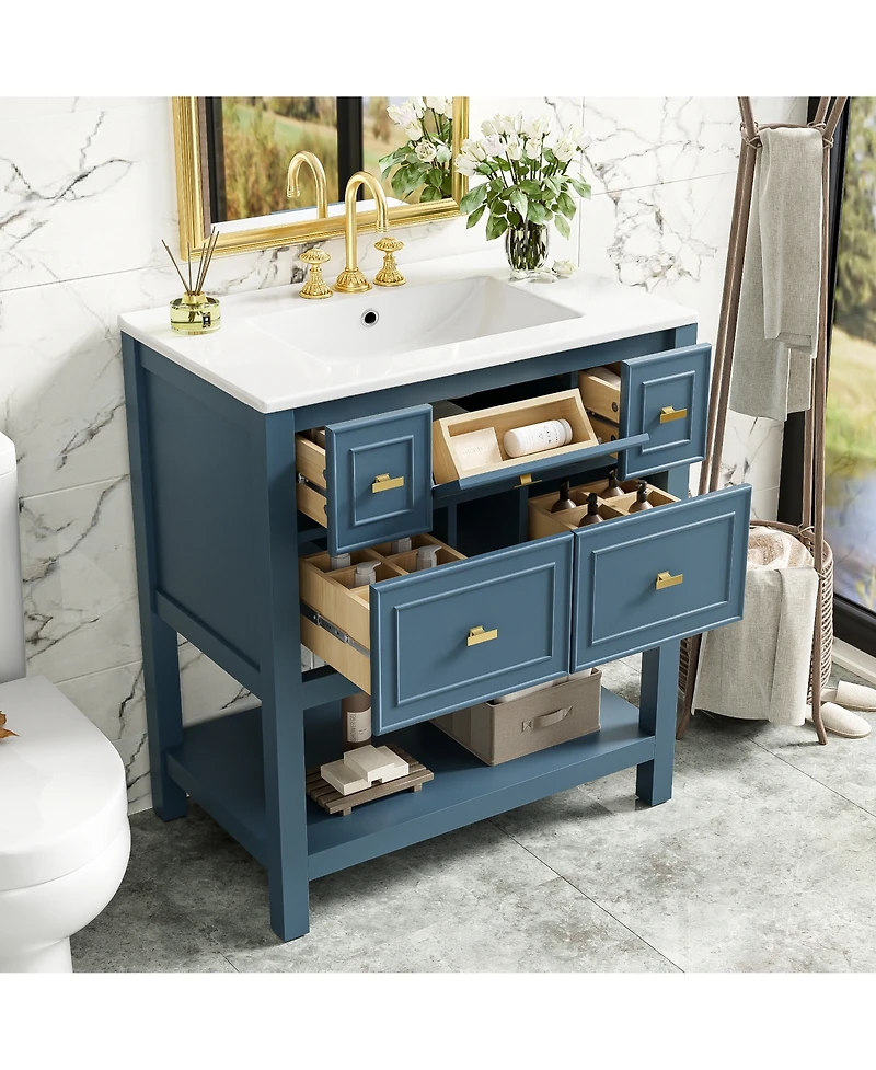 Lovmor 30inch Bathroom Vanity with Ceramic Sink Combo Free Standing Single Vanity Set with 5 Drawers Solid Wood Frame Bathroom Storage Cabinet