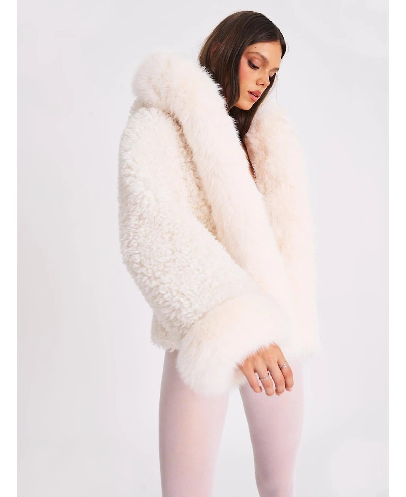 Miss Circle Women's Jumbo Kali White Faux Shearling Fur Trimmed Coat
