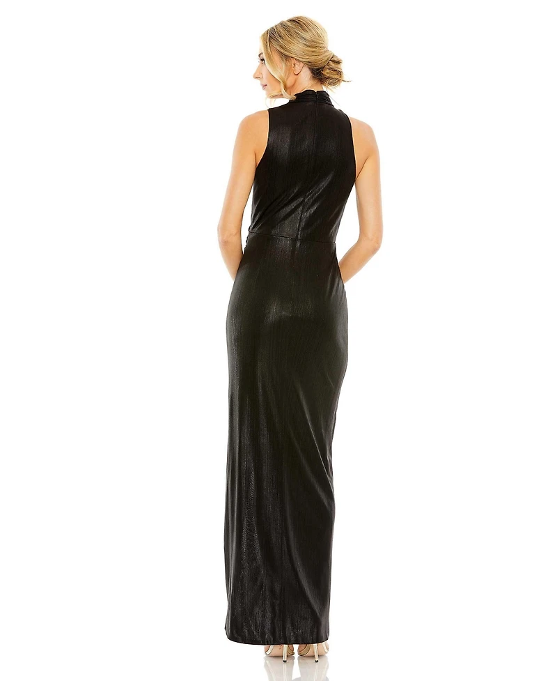 Mac Duggal Women's High Neck Sleeveless Metallic Slit Gown