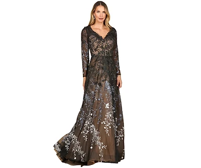 Lara Women's Long Sleeve V-Neck Ombre Lace Gown