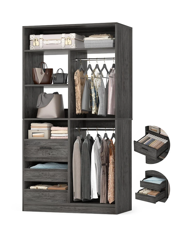 36'' Freestanding Walk-in Closet Organizer System with 3 Drawers, Heavy Duty 2 Hanging Rods & Shelves
