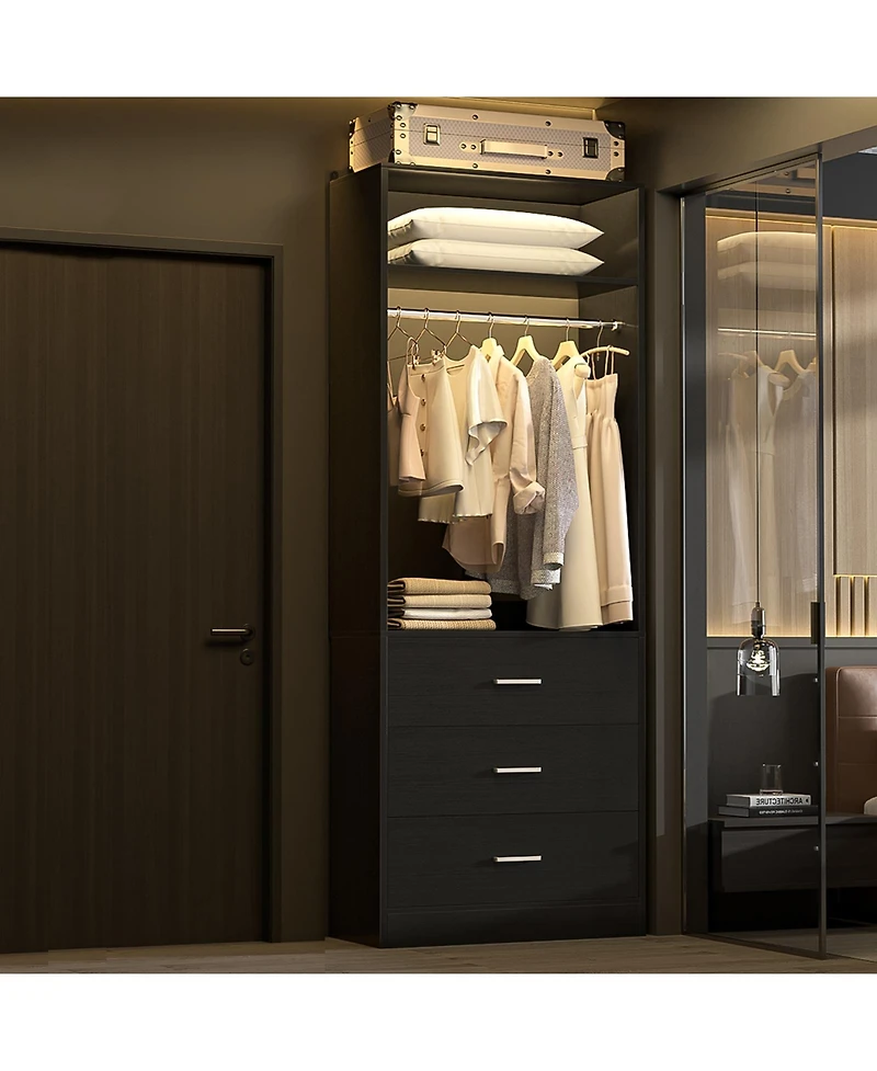 Freestanding 2FT Closet System with 3 Wooden Drawers, 24'' Organizer Hanging Rod & Shelves