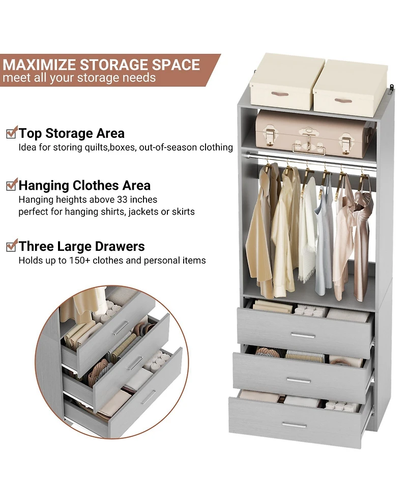 Freestanding 2FT Closet System with 3 Wooden Drawers, 24'' Organizer Hanging Rod & Shelves