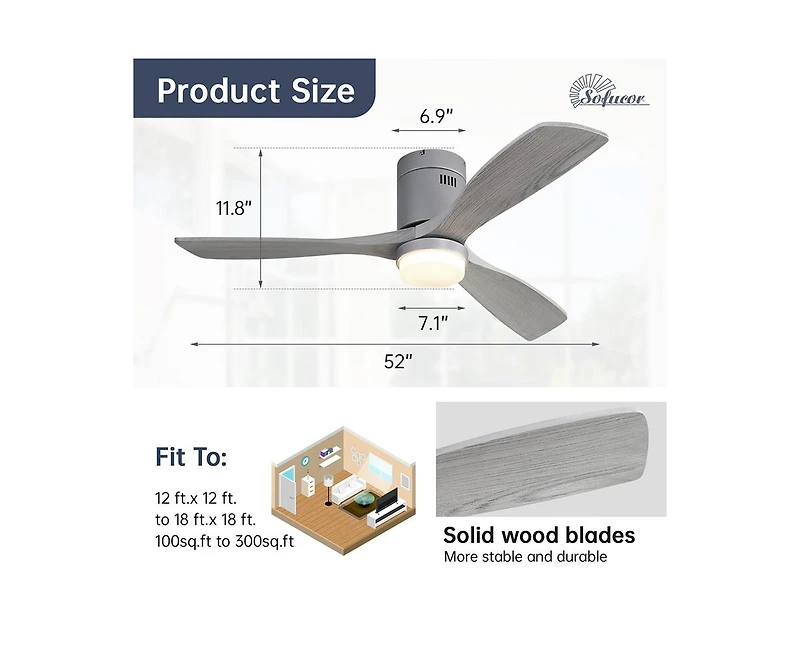 52-inch Modern Sliver 3 Solid Wood Blades Flush Mount Tri color Adjustable Ceiling Fan Light with Remote Control