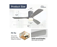 52-inch Modern Sliver 3 Solid Wood Blades Flush Mount Tri color Adjustable Ceiling Fan Light with Remote Control
