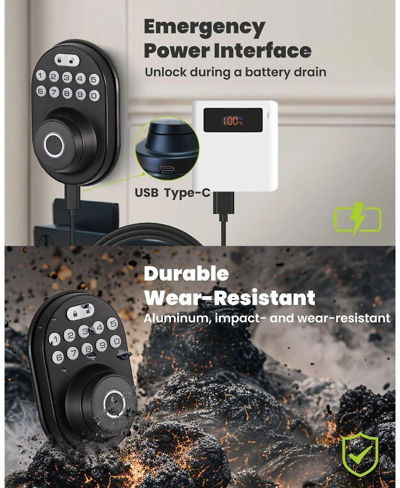Keyless-Entry No-App Deadbolt Smart Lock with Fingerprint, Keypad, 2 Keys, Auto-Lock, IP56 Waterproof, Black