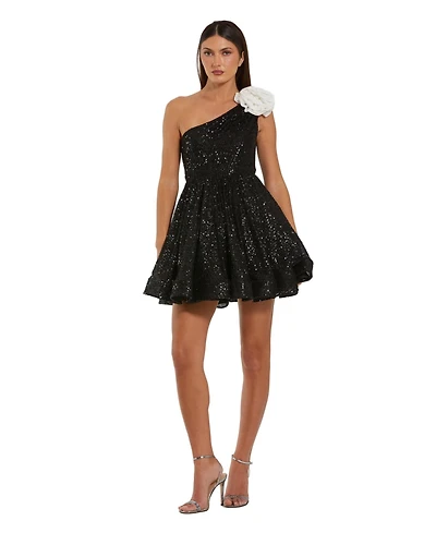 Mac Duggal Women's One Shoulder Sequin Mini Dress With 3D Flower