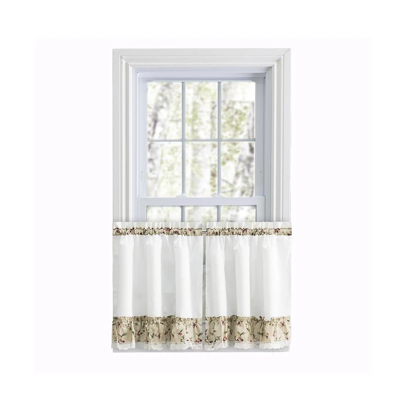 Ellis Curtain Cherries Ruffled 1.5" Rod Pocket Window Curtain Tiers 58"x24" Natural