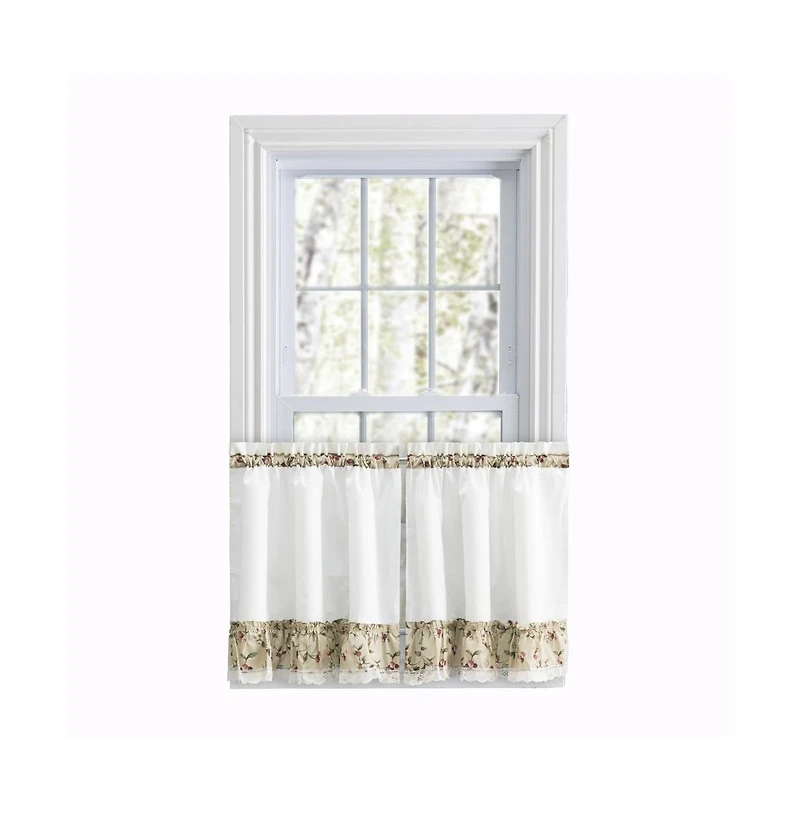Ellis Curtain Cherries Ruffled 1.5" Rod Pocket Window Curtain Tiers 58"x36" Natural