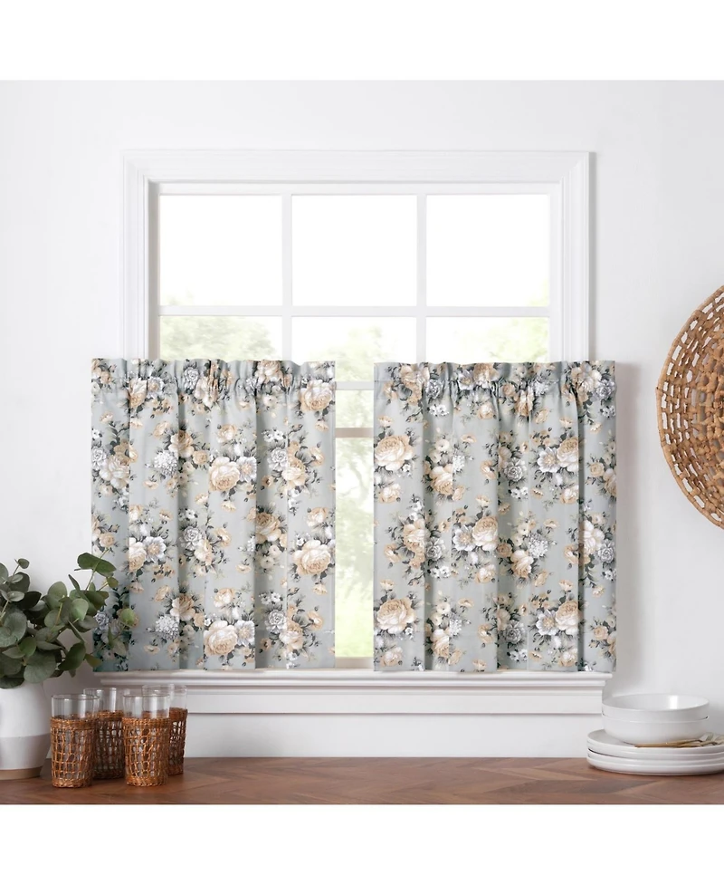 Ellis Bella Rose Stylish Medium Scale Printed Floral Pattern 1.5" Rod Pocket Tier 56"x36" Mist