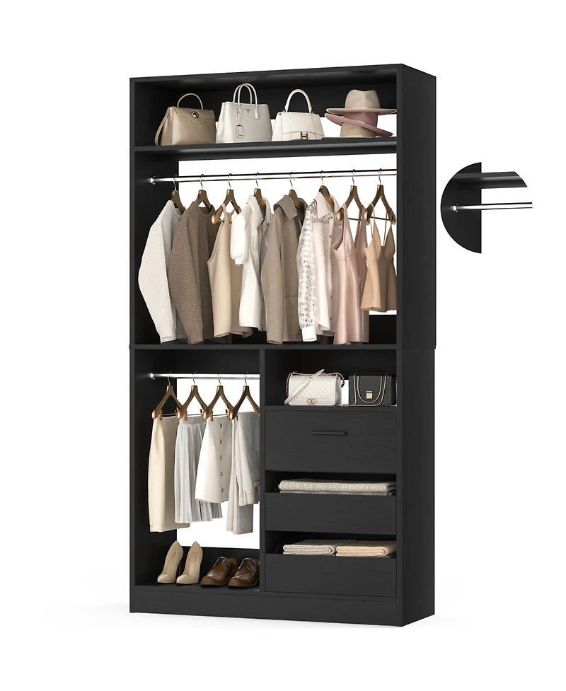 3FT Heavy Duty Closet System, 36'' Free Standing Organizer with 3 Drawers, 2 Hanging Rods and Shelves