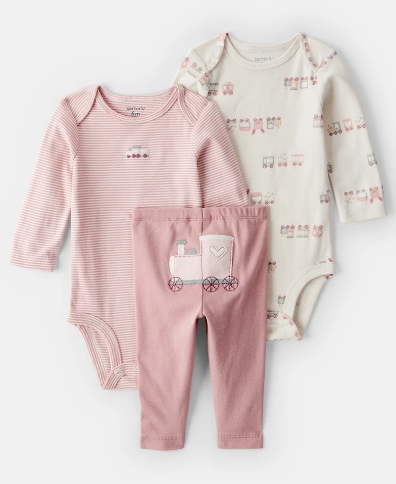 Carter's Baby Girls 3-Piece Train Print Bodysuit, Long-Sleeve Bodysuit and Pants Set