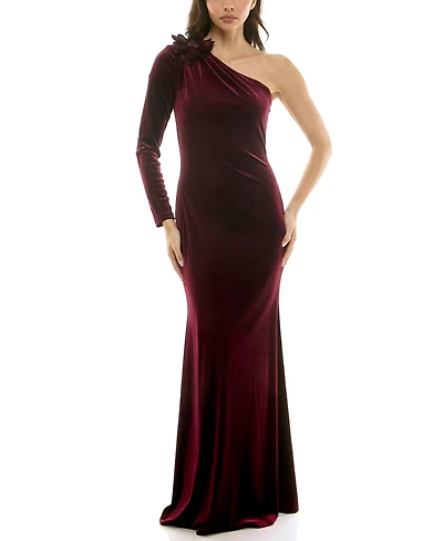 Taylor Women's One Shoulder Floral Detail Velvet Dress