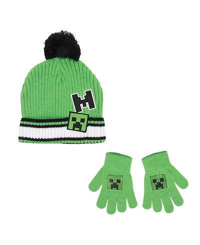 Minecraft Creeper Youth Cuff Hat And Knit Gloves Cold Weather Set