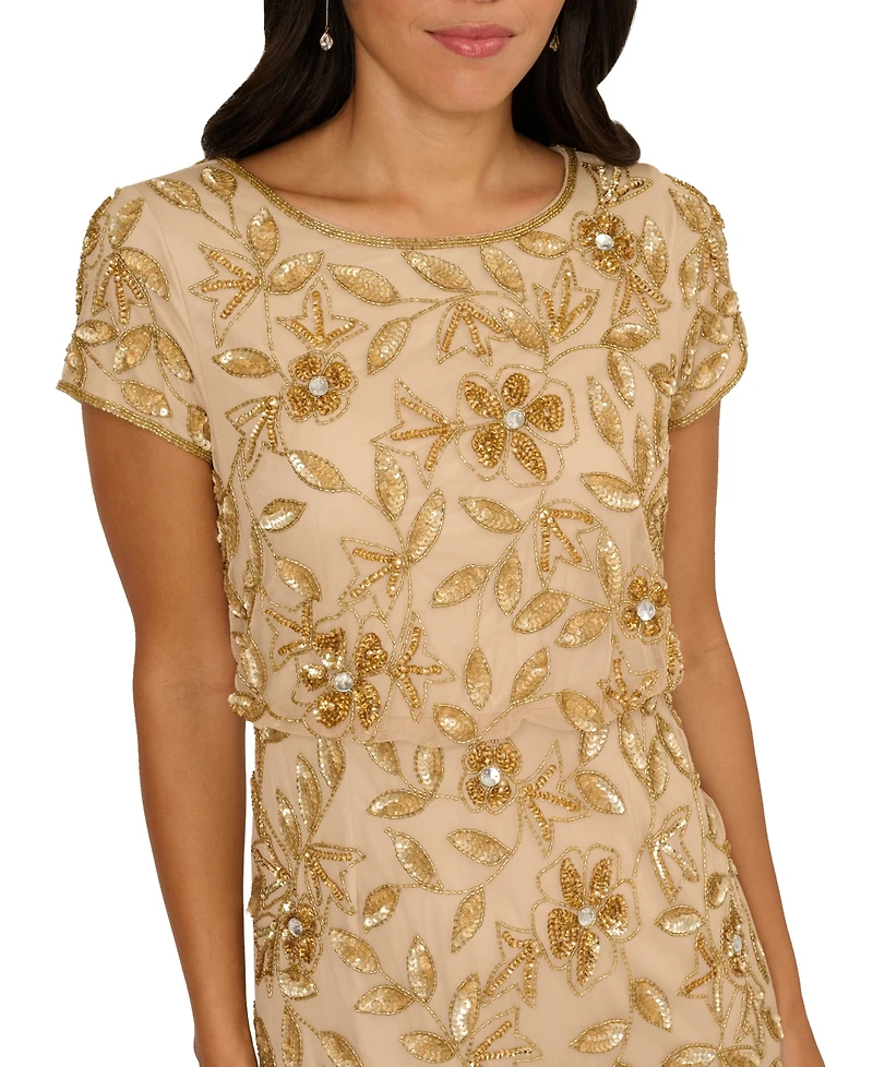 Adrianna Papell Women's Boat-Neck Blouson Beaded Gown