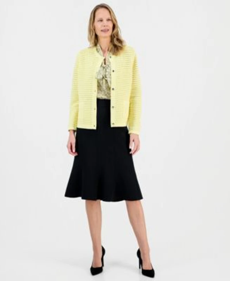 Kasper Womens Textured Stitch Button Front Cardigan Printed Satin Sleeveless Blouse Core Julia Stretch Crepe A Line Skirt