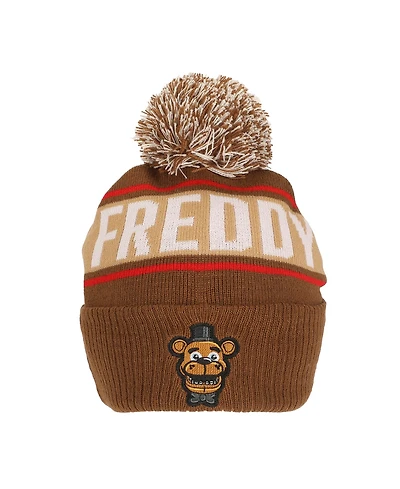 Five Nights At Freddy'S Men's Freddy Fazbear Fuzzy Jaquard And Freddy Embroidery Knit Cuff Beanie With Pom Cuff Beanie