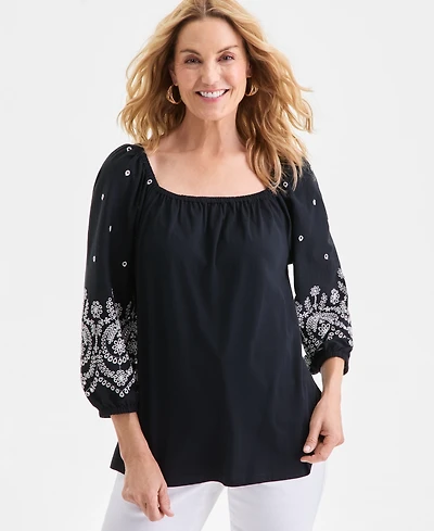 Style & Co Women's Square-Neck Embroidered Knit Top, Macy's Exclusive