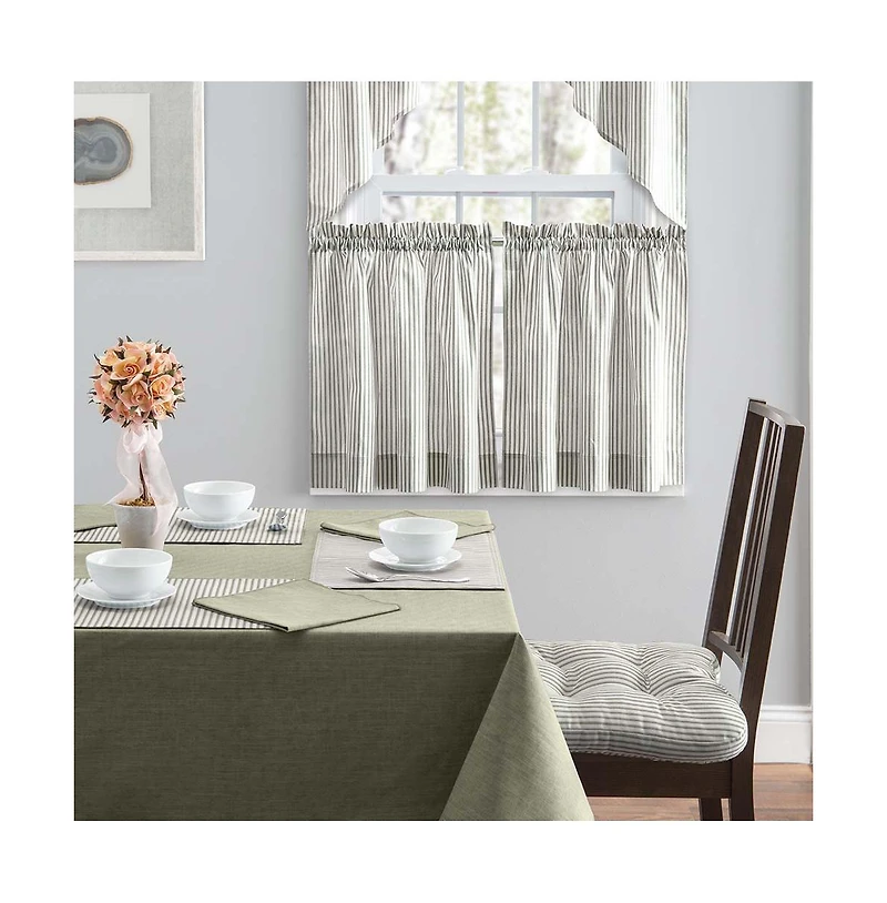 Ellis Curtain Plaza Classic Ticking Stripe Printed on 1.5" Rod Pocket Natural Ground Tailored Swag 56" x 36" Sage