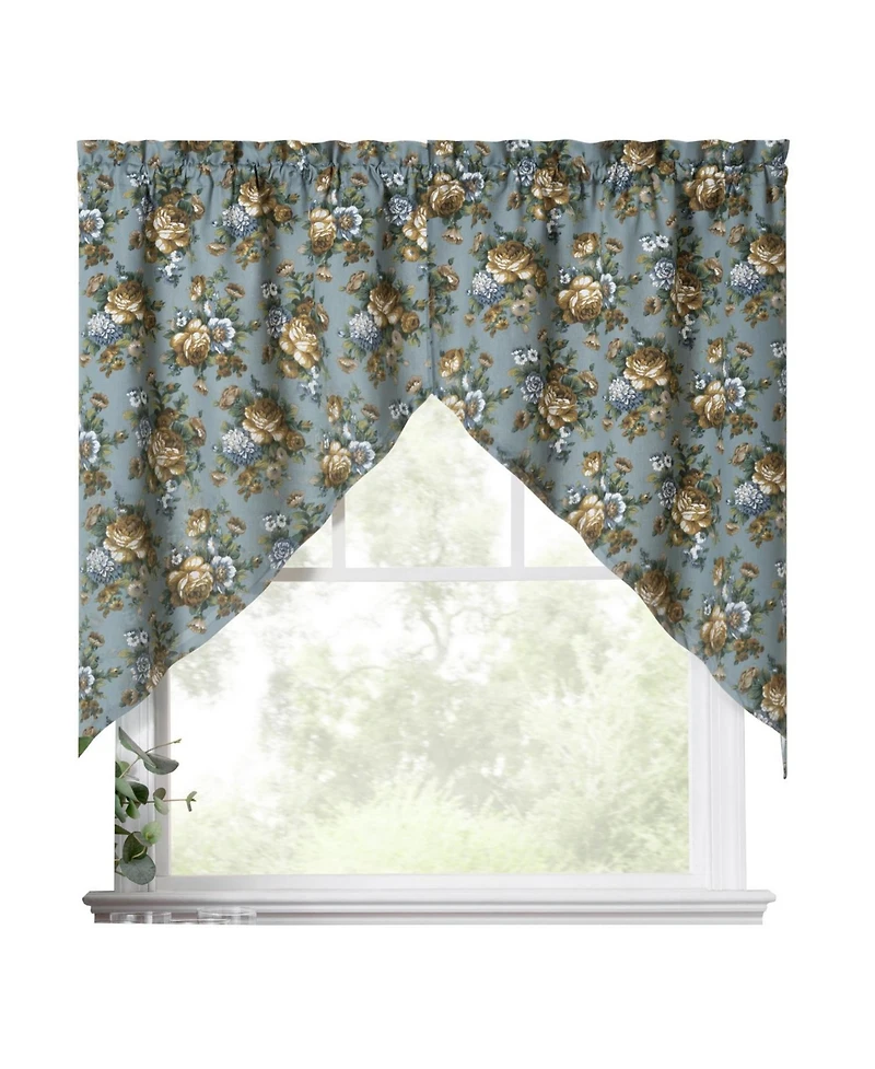 Ellis Bella Rose Stylish Medium Scale Printed Floral Pattern 1.5" Rod Pocket Tailored Swag 56"x36" Wedge