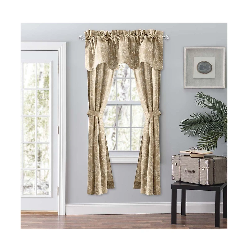 Ellis Curtain Lexington Leaf Pattern on Colored Ground Curtain Pair with Ties 56"x84" Tan