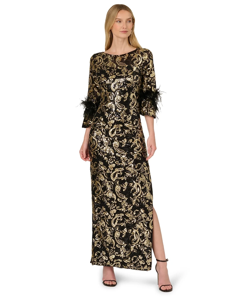 Adrianna Papell Women's Sequined Feather-Trim Gown