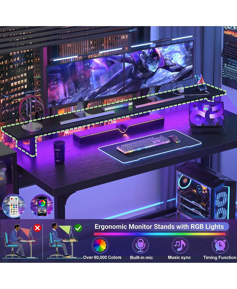 53.2" Computer Desk with Monitor Stand and Power Outlets