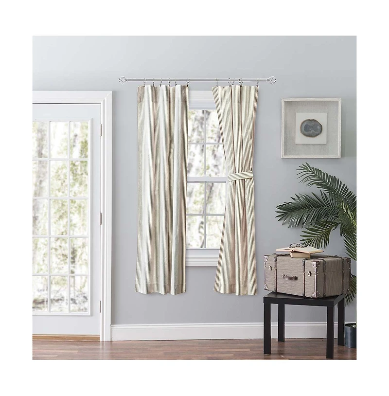 Ellis Curtain Plaza Classic Ticking Stripe Printed 3" Rod Pocket Tailored Panel Pair with Tiebacks 56" x 63" Tan
