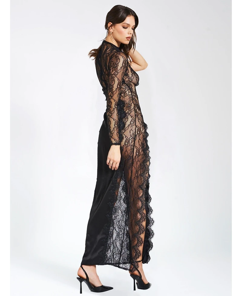 Miss Circle Women's Weslyn Black Satin Lace High Slit Dress