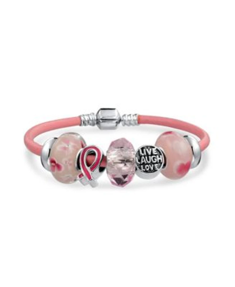 Bling Jewelry Live Love Laugh Support Breast Cancer Survivor Pink Ribbon Multi Bead Charm Leather Bracelet Sterling Silver Barrel Clasp