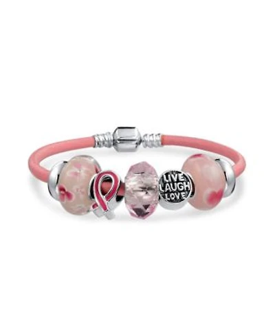 Bling Jewelry Live Love Laugh Support Breast Cancer Survivor Pink Ribbon Multi Bead Charm Leather Bracelet Sterling Silver Barrel Clasp
