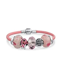 Bling Jewelry Live Love Laugh Support Breast Cancer Survivor Pink Ribbon Multi Bead Charm Leather Bracelet Sterling Silver Barrel Clasp