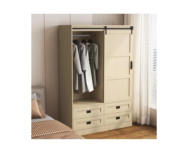 Casainc Tall Cabinet Wardrobe Closet Clothing with Hanging Rod Barn Door Drawers Open Shelves