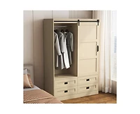Casainc Tall Cabinet Wardrobe Closet Clothing with Hanging Rod Barn Door Drawers Open Shelves