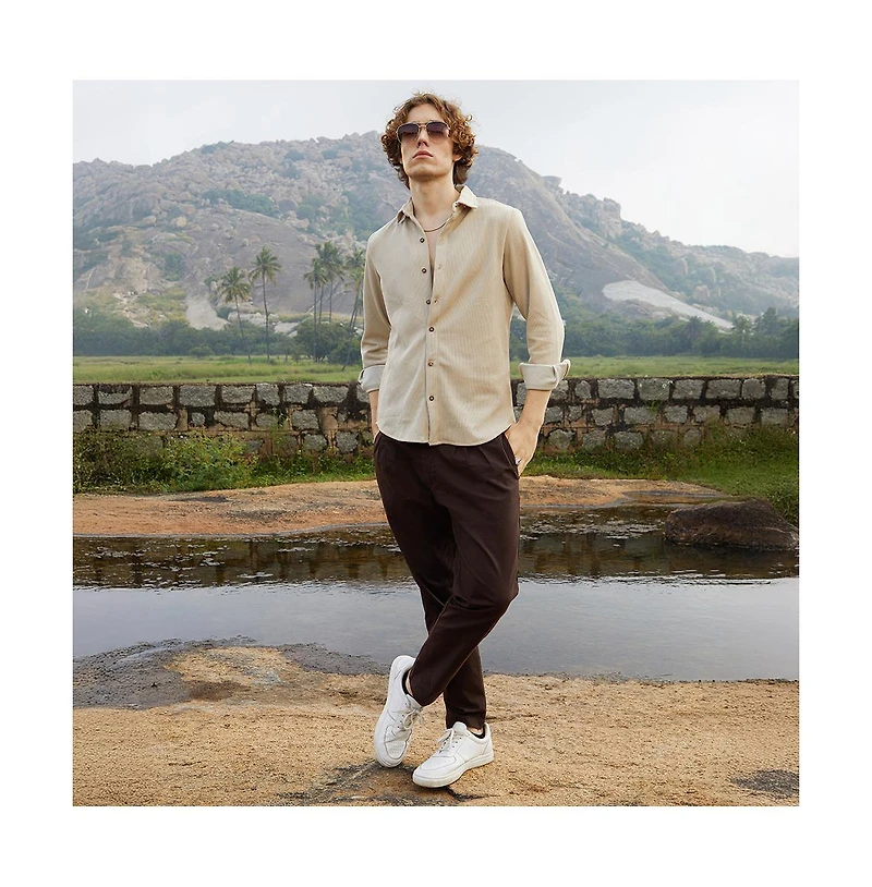 Campus Sutra Men's Saltbox Beige Solid Knit Shirt