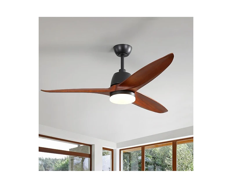 56-inch Modern 3 Solid Wood Blade Tri Color Dimming Ceiling Fan with Six Speed Remote Control and Forward Reverse Function for Indoor