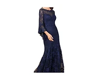 Lara Women's Illusion Neck, Long Bell Sleeve Gown