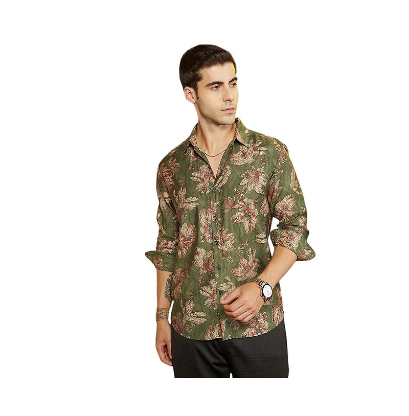 Campus Sutra Men's Olive Green Withering-Bloom Shirt