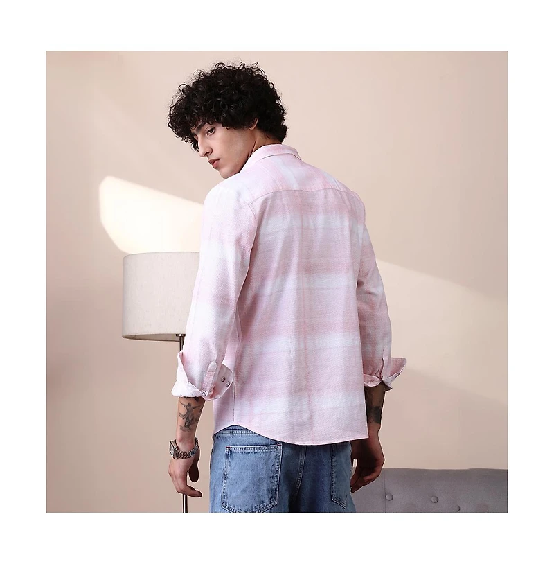 Campus Sutra Men's Rose Pink & Daisy White Velobrush-Tactile Shirt